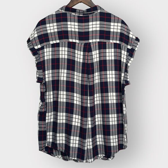 JACHS Girlfriend Button Up Top Women Size XXL Navy Red Plaid Cap Sleeve Pockets - Picture 6 of 11